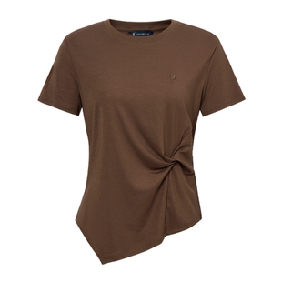 POLOWALK女式短袖圆领T恤夏季新品显瘦收腰不规则下摆上衣