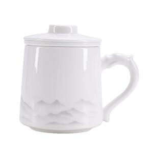 羊脂玉瓷茶水分离陶瓷马克杯泡茶办公杯带盖水杯定制logo送礼刻字