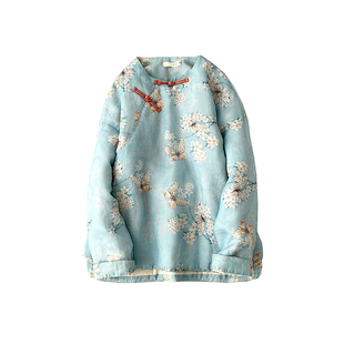 冬季女装新中式国风棉衣苎麻印花夹棉外套斜襟盘扣复古棉服小夹袄