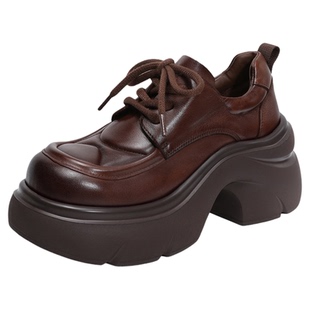 牛皮新款高跟休闲皮鞋女款小个子真皮2026春季系带厚底乐福鞋软底