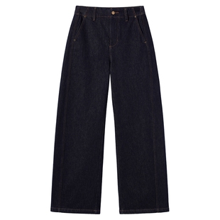 热风女士牛仔裤宽松弯刀裤2025年冬季新款内里磨毛保暖藏青色长裤