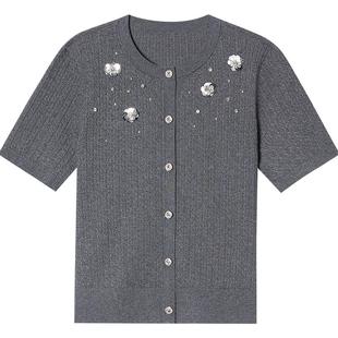 诗篇专选格雷灰重工花朵钉珠针织短袖开衫女上衣2025夏季新款