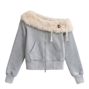 【现货】易碎商店·雾灰手礼纯欲风斜肩可拆毛领卫衣外套短款上衣