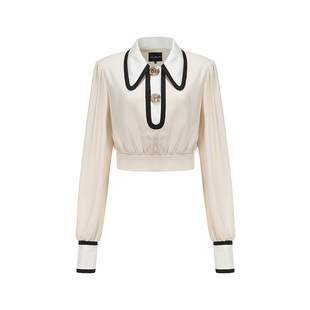 [甄选5折]NanaJacqueline陈妍希同款拼色衬衫缎面圆尖领收腰上衣