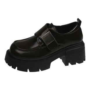 厚底乐福鞋女款2025春秋新款秋季魔术贴单鞋子粗跟百搭增高小皮鞋