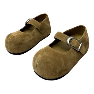 欧洲站女鞋2026春季新磨砂真皮玛丽珍鞋内增高浅口魔术贴圆头单鞋