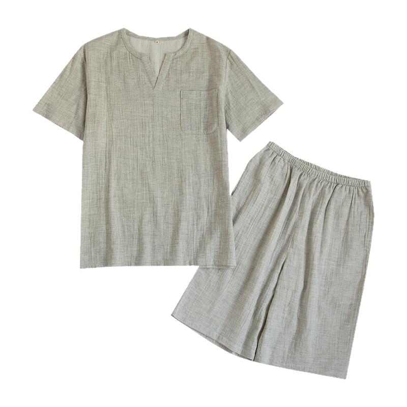 夏季日系短袖短裤全棉双层纱布男睡衣夏天薄款套头纯棉家居服套装