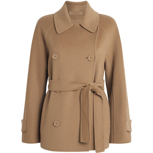 沃格 MM秋冬新款2色翻领双排扣系带插肩袖女宽松羊毛呢外套短大衣