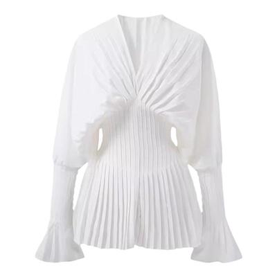 法式V领喇叭袖束腰长袖衬衫