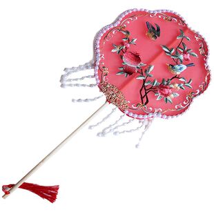 黄鹂鸟刺绣双层宫扇子跳舞蹈牡丹花串珠飘带中国风复古风汉服团扇