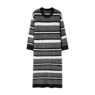 都市丽人半边绒睡裙女冬季长款加绒加厚保暖宽松可外穿条纹家居服