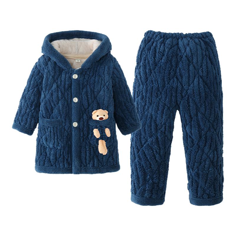 冬季儿童法兰绒睡衣男童女童男孩加绒加厚三层夹棉外穿亲子家居服