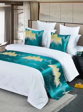 新中式酒店宾馆民宿客栈床搭巾装饰绿色床尾巾蓝色山水画轻奢床旗