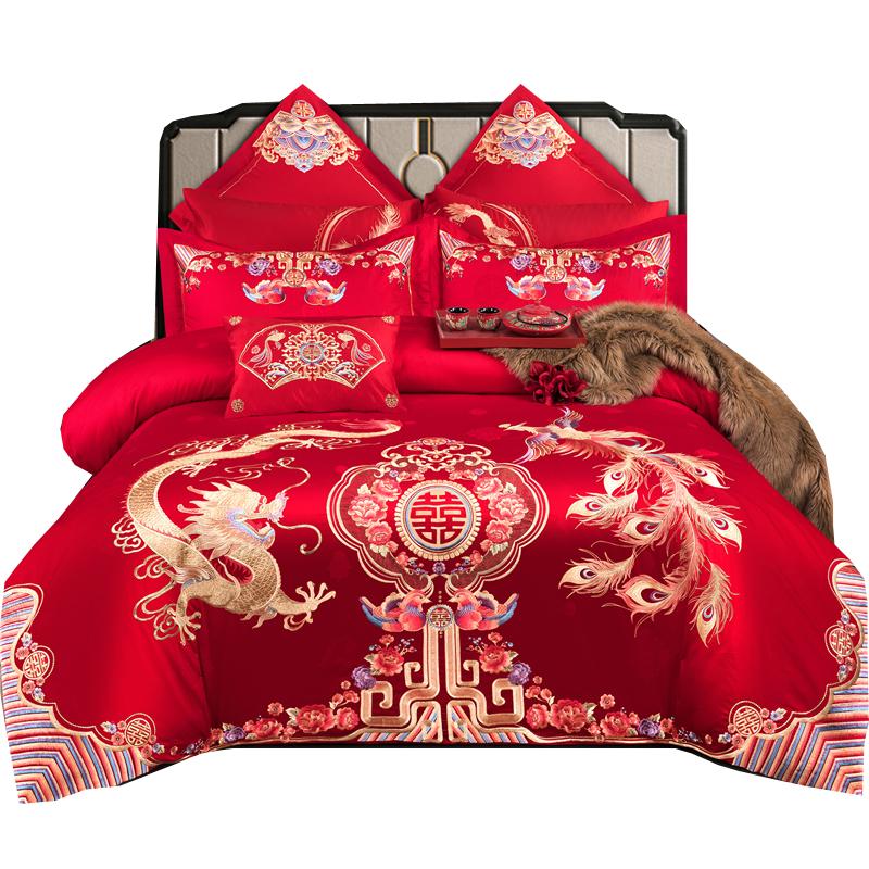 龍鳳大紅色120s長絨棉刺繡全棉新婚禮結(jié)婚四件套婚慶被套陪嫁床品