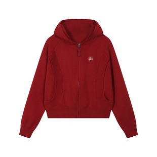 KSXN 红色短款连帽毛衣女宽松复古设计感百搭上衣