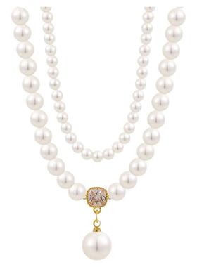 双层叠戴珍珠吊坠毛衣项链高级感