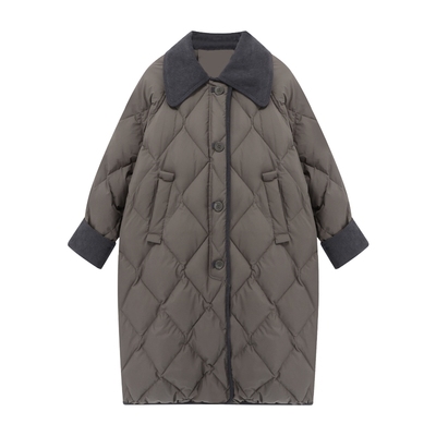 Basic House/百家好菱格中长款羽绒服女冬季灯芯绒翻领白鸭绒外套