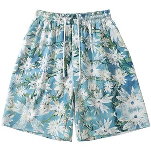 From Mars 薄如蝉翼 清新油画碎花休闲百搭宽松夏威夷风沙滩短裤