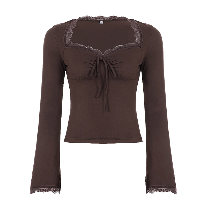 IAEY美式复古辣妹蕾丝花边方领长袖T恤秋冬气质修身喇叭袖上衣潮