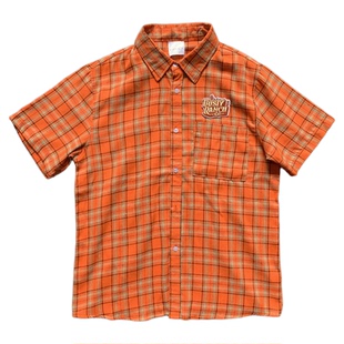 复古多巴胺刺绣字母橙色格子衬衫男生夏季宽松红色桔色短袖衬衣女