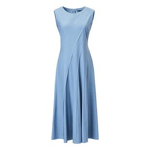 颜域纯色背心裙2025夏季新款高级感蓝色收腰风过膝大摆通勤连衣裙
