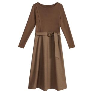 YINER音儿女装冬季时尚绵羊毛拼接针织收腰A字连衣裙