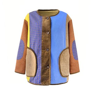 ROLLCALL25秋季新款咖色拼色羊毛纽扣外套宽松圆领直下摆长袖上衣