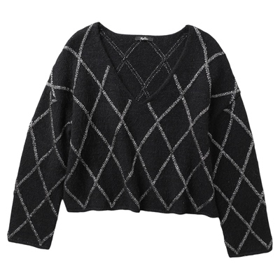 TANG TOWN自制高定工坊线 中厚加密羊驼毛羊毛菱格闪闪针织衫毛衣