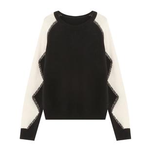 Basic House/百家好圆领撞色波浪拼接毛衣不规则绵羊毛插肩袖上衣