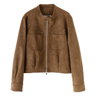 高端棕咖色圆领仿牛皮绒面外套女短款上衣2026春秋新款机车服夹克