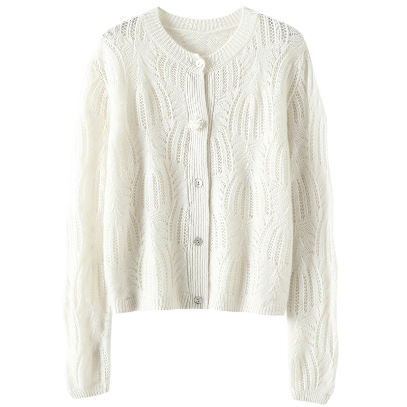 美极了哇！花朵扣羊绒开衫女纯羊绒毛衣镂空针织开衫外套秋冬新款