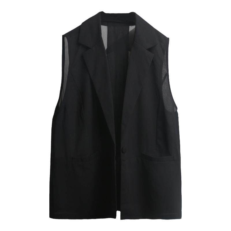 夏季薄马甲女士外搭黑色轻薄小西装宽松背心马夹短款夏天雪纺上衣