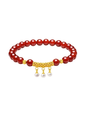 周六福玛瑙中国风手串女S925银如意锁手链手饰百搭圣诞礼物送女友