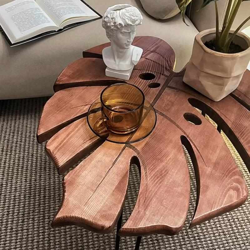 龟背竹桌子茶几实木客厅中古边几复古边几迷你置物架小桌板