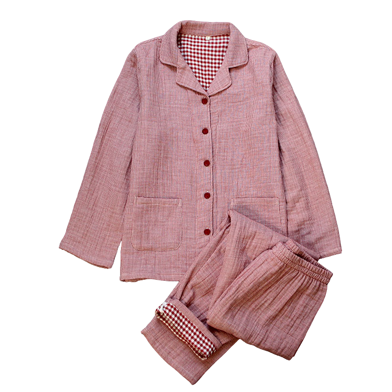 高档加厚纯棉纱布睡衣女四层棉纱秋冬家居服格子简约套装全棉宽松