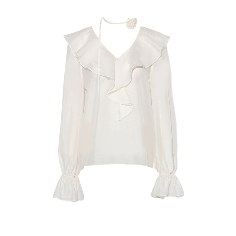 DPLAY秋季新款气质法式白色衬衫女荷叶边长袖上衣小衫衬衣