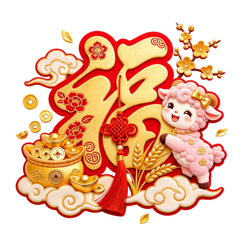 粉色小羊玻璃贴抱大福字元宝中国结梅花国潮新春防水自粘装饰贴纸