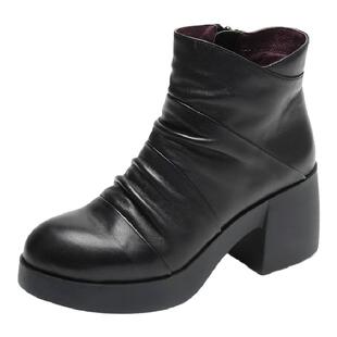 一席之地女短靴真皮粗跟靴子女百搭加绒方跟英伦风切尔西靴及踝靴