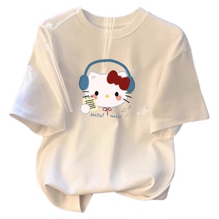 hellokitty白色纯棉女童短袖t恤2026夏季新款宽松上衣女孩衣服ins