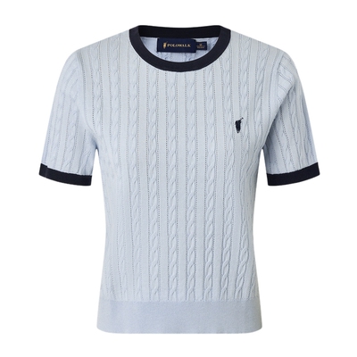 撞色圆领绞花短袖针织衫