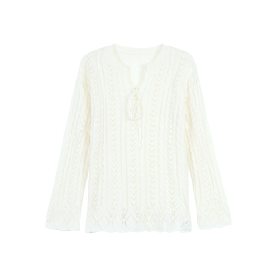 MULVAN 保加利亚 柔软圆领镂空针织衫毛衣女慵懒风长袖宽松上衣