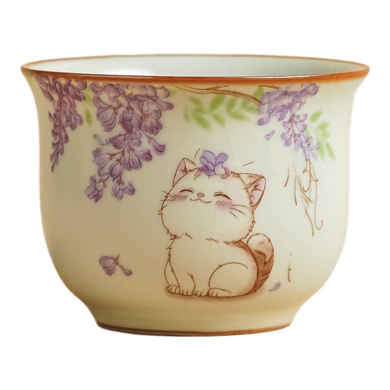 米黄汝窑紫藤花猫咪茶杯