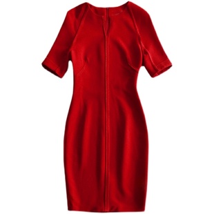 欧美2025春秋明星凯特王妃同款职业女装红色修身时尚收腰连衣裙女