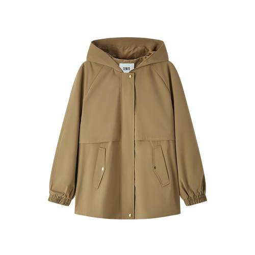 防护外套|森马外套女中长款插肩袖三防秋季防风连帽抽绳收腰夹克