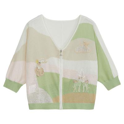 谜底V领针织开衫中袖女夏季新品复古文艺风宽松上衣242MZ0870