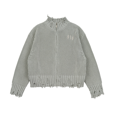 GOODBAI 916 logo贴布小高领做旧破坏拉链针织外套