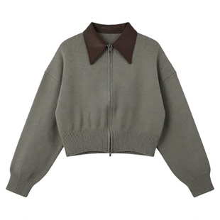 Basic House/百家好设计感撞色翻领针织开衫女春短款上衣收腰毛衣