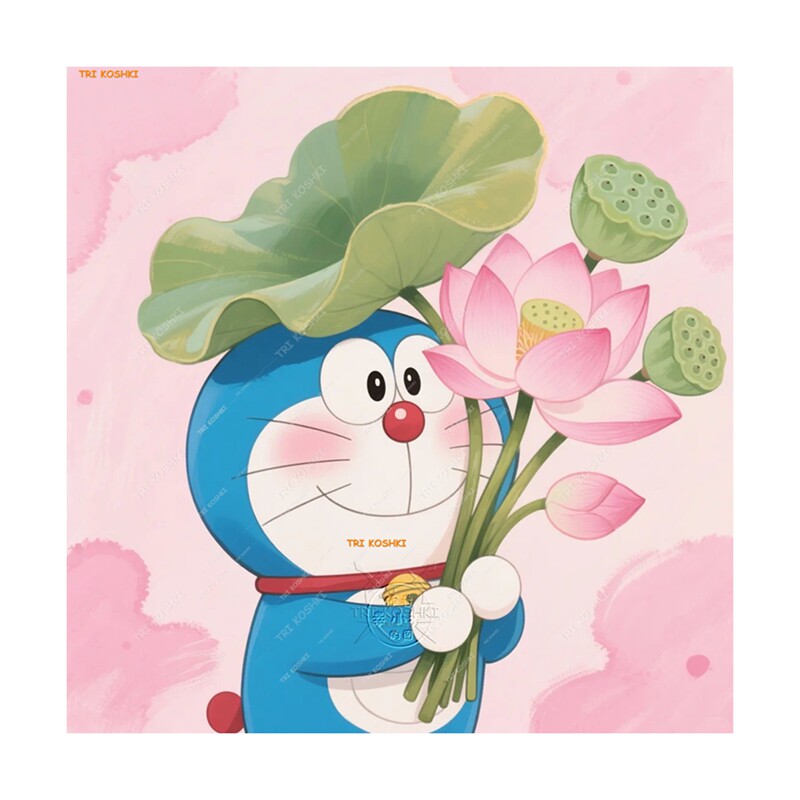 举着荷叶莲花哆啦A梦卡通墙贴儿童房客厅墙面木门装饰可爱贴画pvc