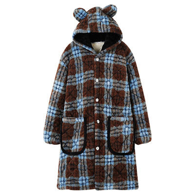 俞兆林冬情侣睡袍可外穿连帽珊瑚绒睡衣女款加厚夹棉男士冬季浴袍