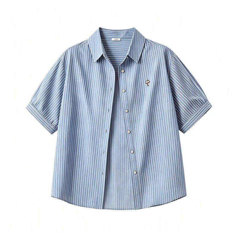蓝条纹刺绣衬衫女纯棉宽松夏季